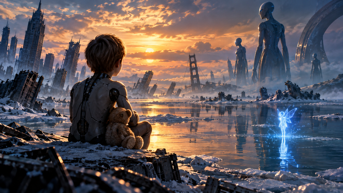 Ilustração editorial inspirada em A.I. Inteligência Artificial, com um menino androide diante de uma cidade congelada e máquinas avançadas