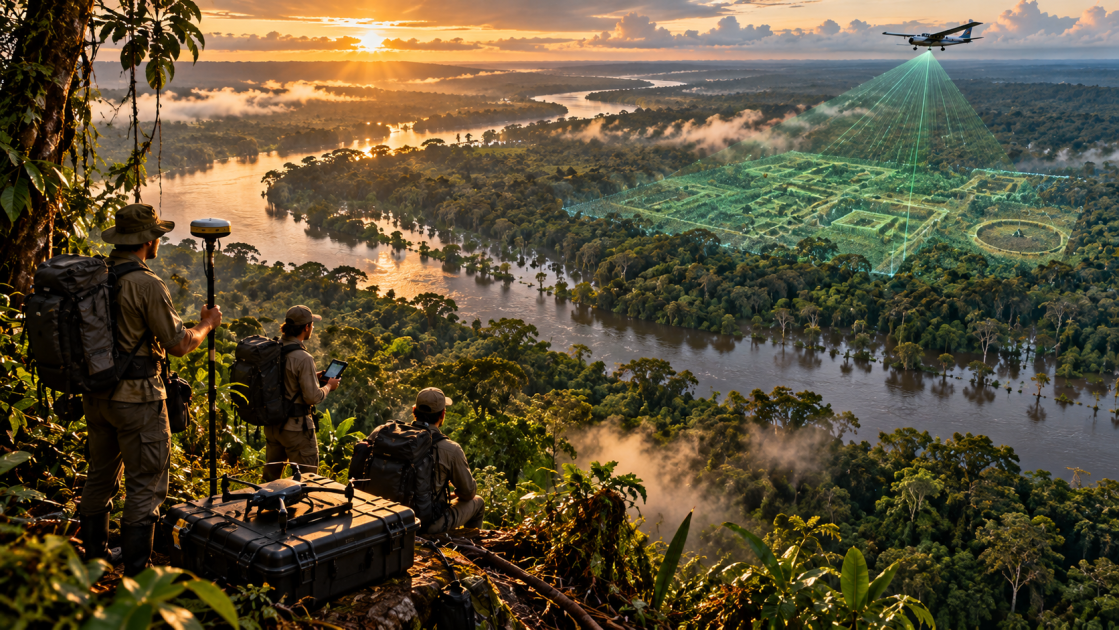 Ilustração editorial de pesquisadores observando a floresta amazônica enquanto um avião realiza mapeamento LiDAR sobre o dossel