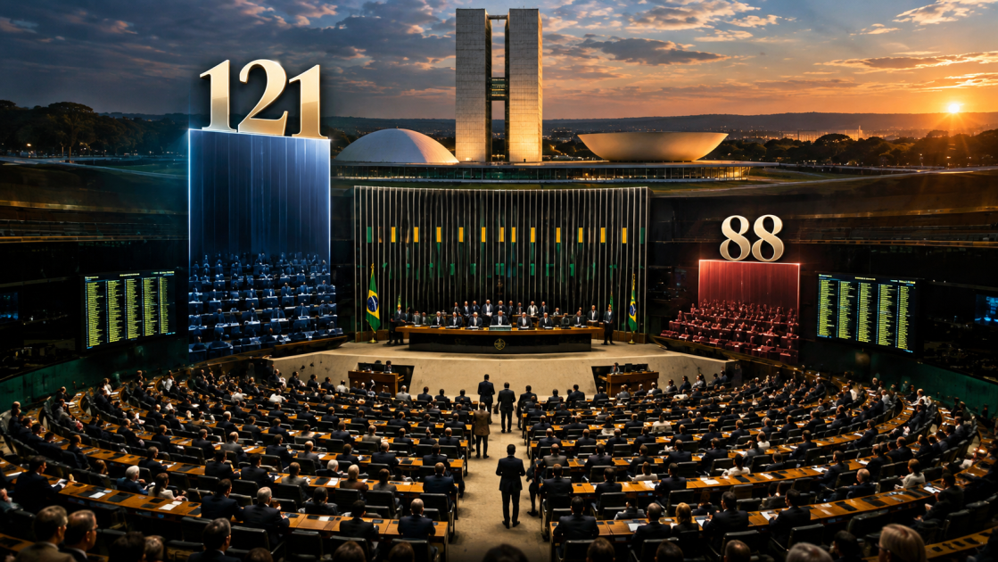 Ilustração editorial da Câmara dos Deputados com os números 121 e 88 representando as maiores bancadas eleitas para 2027