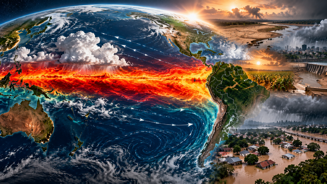 Ilustração editorial sem texto mostrando o aquecimento do Pacífico associado ao El Niño e seus efeitos de seca, chuva intensa, agricultura e enchentes