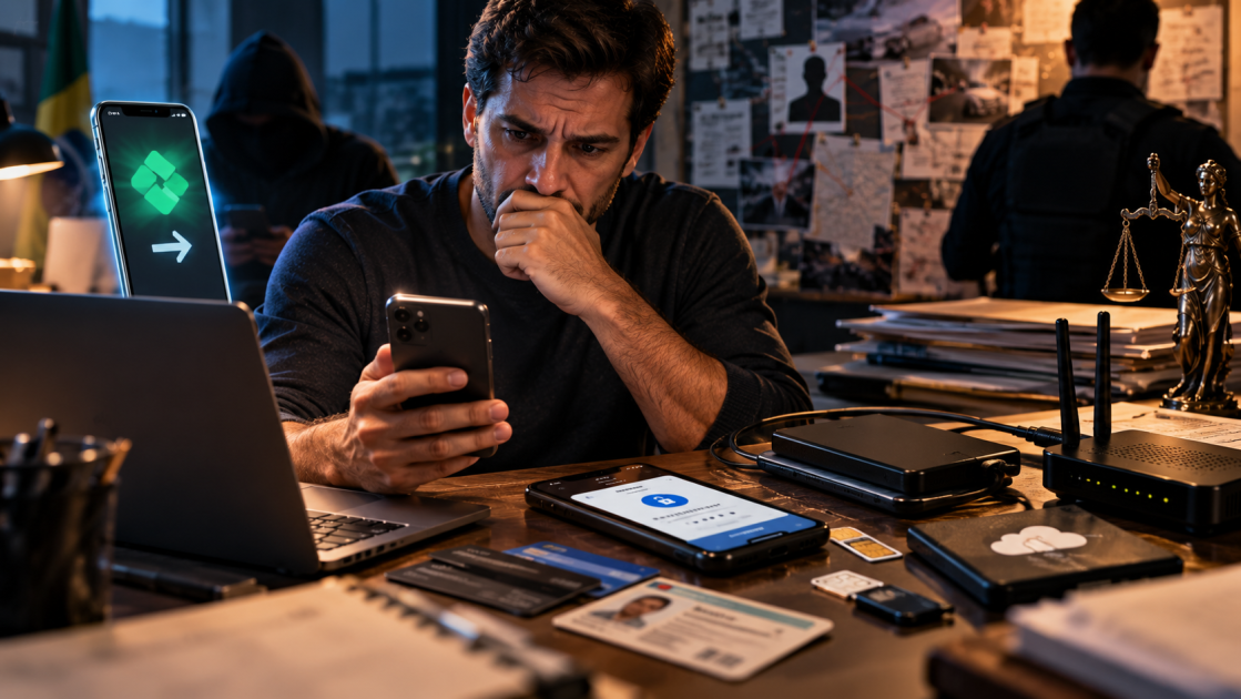 Homem preocupado diante de celular, computador, documentos e equipamentos digitais em uma cena ilustrativa sobre fraude e investigação