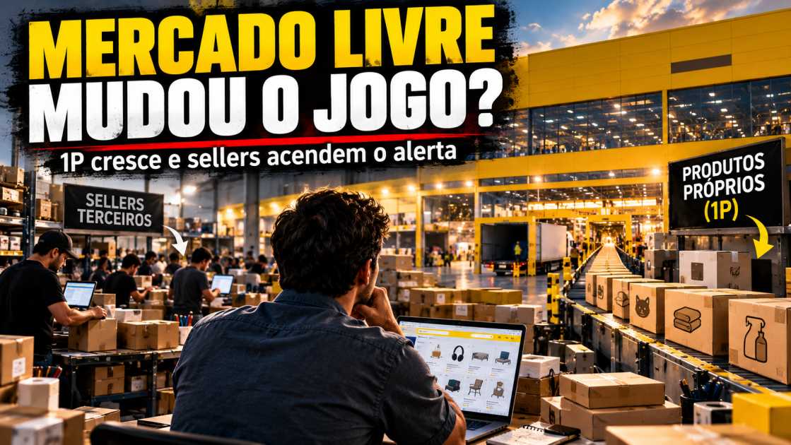 Ilustração editorial de um seller diante de um centro logístico, representando a expansão do modelo 1P do Mercado Livre