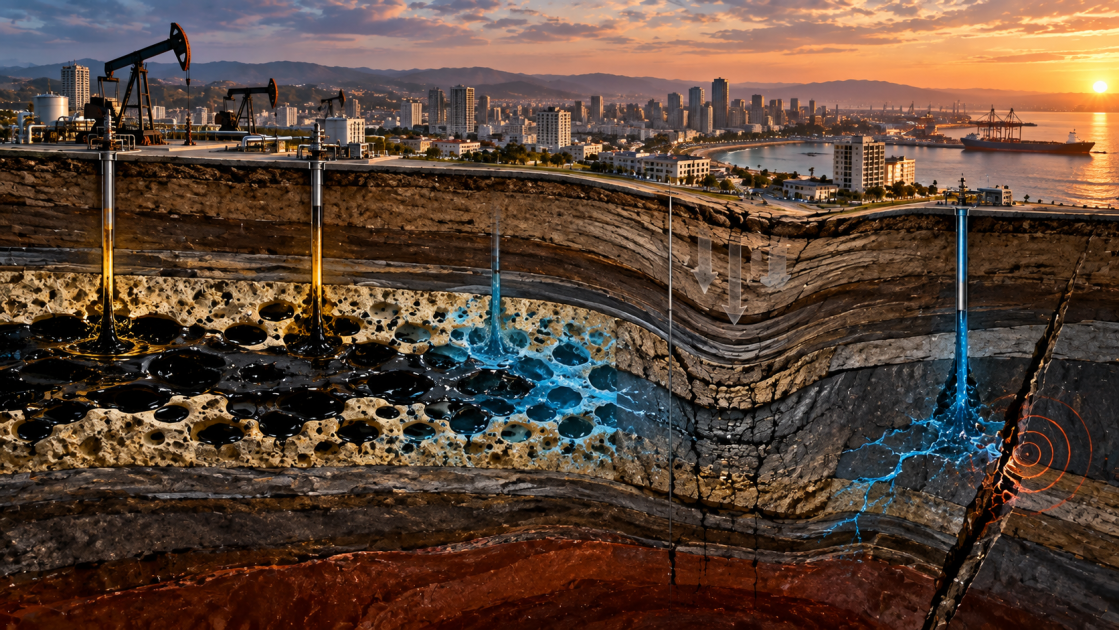 Ilustração editorial em corte geológico mostrando um campo de petróleo sob uma cidade costeira, com óleo em rocha porosa, entrada de água, subsidência e injeção profunda