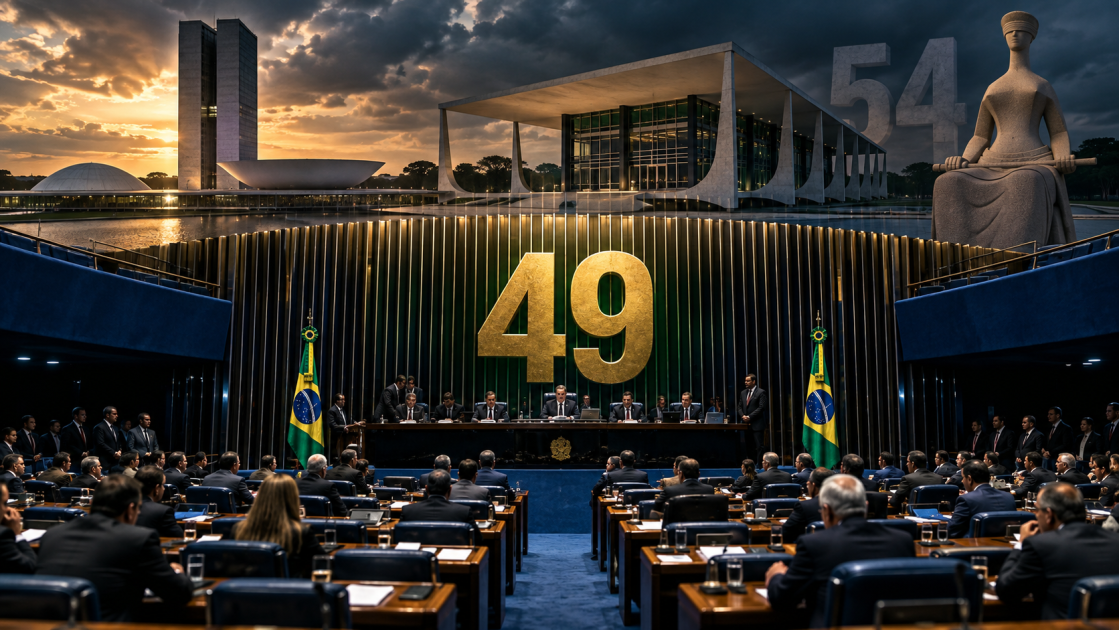 Ilustração editorial sobre a nova correlação de forças no Senado em relação ao STF, com o número 49 em destaque