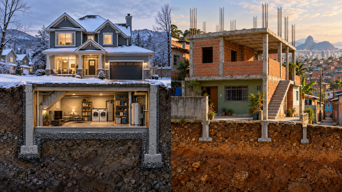 Comparação editorial entre uma casa americana com porão e uma casa brasileira com vergalhões preparados para expansão futura