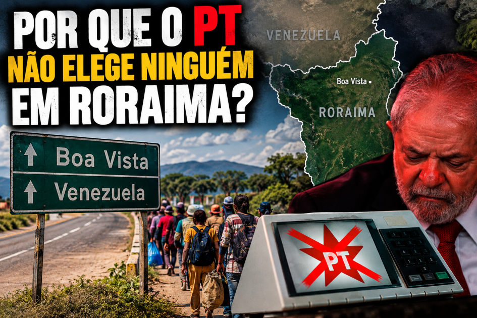 Montagem editorial ilustrativa sobre Roraima, eleições de 2026 e a fronteira com a Venezuela
