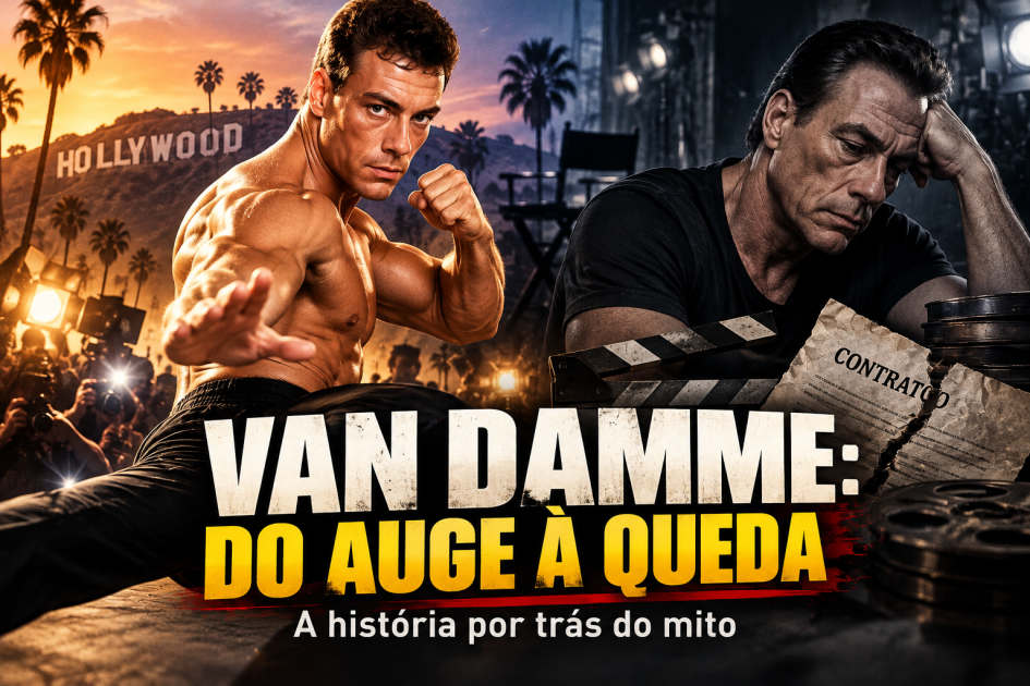 Montagem editorial ilustrativa sobre a ascensão e a queda de Jean-Claude Van Damme em Hollywood