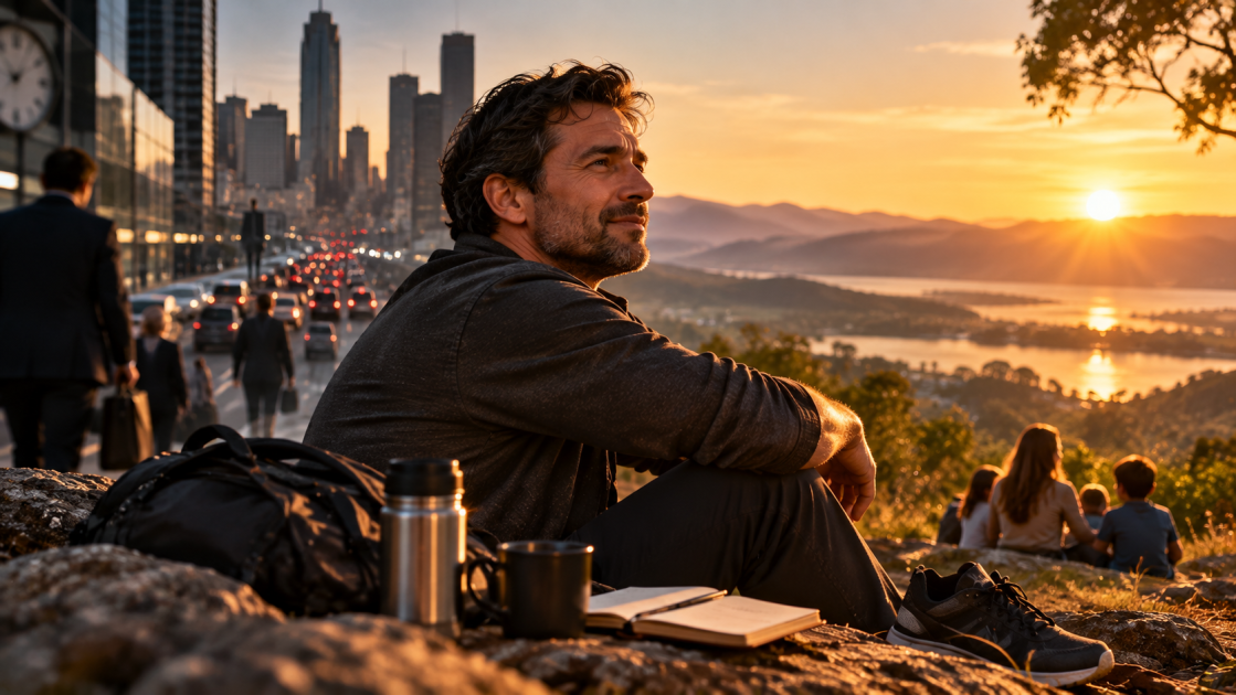 Homem de meia-idade observando o pôr do sol com a família ao fundo, em uma cena sobre maturidade, tempo e novas prioridades